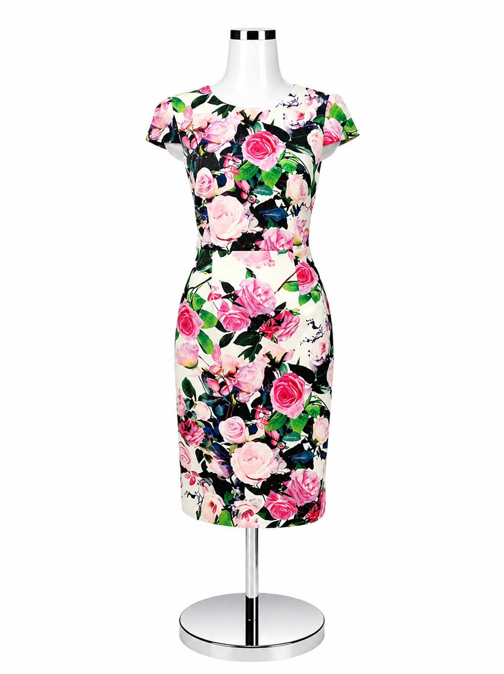 Betsey Johnson Floral Scuba Sheath Midi Dress Pink &amp; Blue Rose Print Size 8
